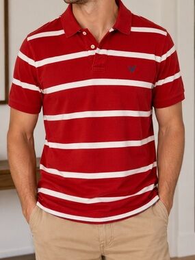 American Eagle Outfitters Men’s Red & White Striped Polo Shirt Large 100% Cotton